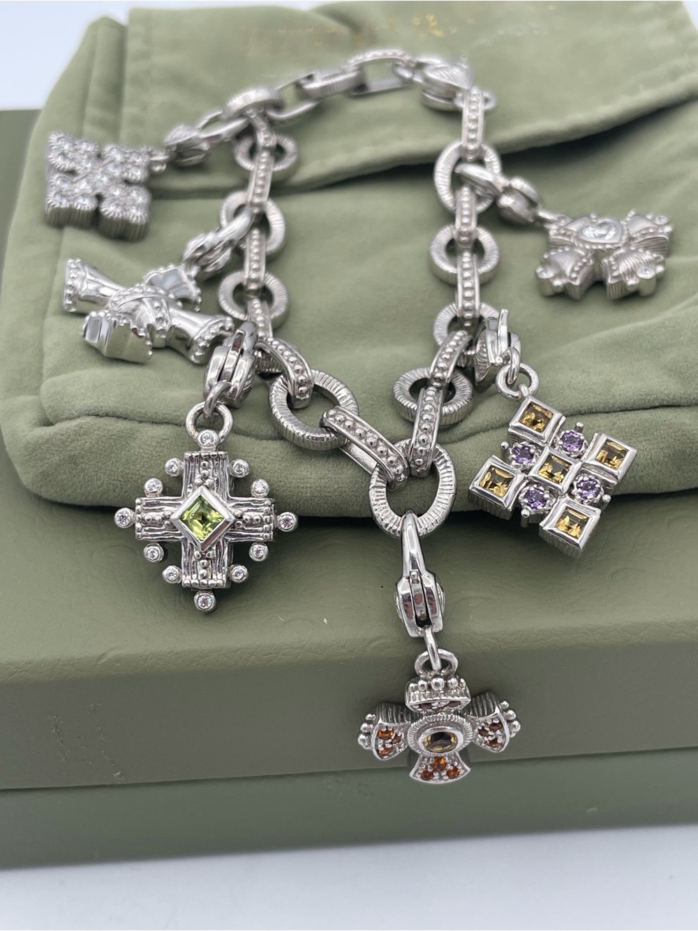 Judith Ripka Sterling Silver 925 Gemstone Maltese Cross Charm Bracelet Thailand - Picture 8 of 14